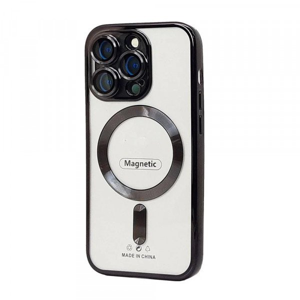 Wholesale Premium Chrome Design Transparent Magnetic Ring Case with Camera Protection for Apple iPhone 15 (Black)