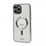 Wholesale Transparent Electroplated Chrome Magnetic Magsafe Circle TPU Cover Case With Camera Lens Protection for iPhone 14 [6.1] (Silver)