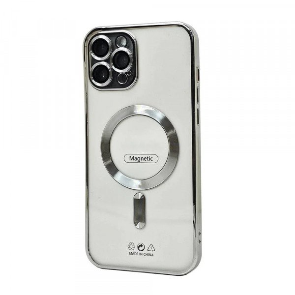Wholesale Transparent Electroplated Chrome Magnetic Magsafe Circle TPU Cover Case With Camera Lens Protection for iPhone 14 [6.1] (Silver)