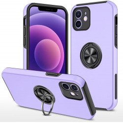 Glossy Dual Layer Armor Hybrid Stand Metal Plate Flat Ring Case for Apple iPhone 11 [6.1] (Purple)