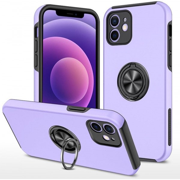 Wholesale Glossy Dual Layer Armor Hybrid Stand Metal Plate Flat Ring Case for Apple iPhone 11 [6.1] (Purple)