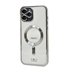 Transparent Electroplated Chrome Magnetic Magsafe Circle TPU Cover Case With Camera Lens Protection for iPhone 14 Plus (Silver)