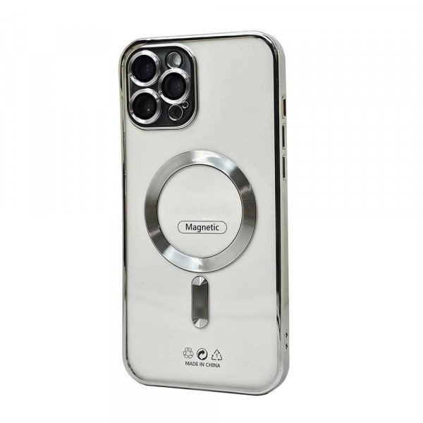 Wholesale Transparent Electroplated Chrome Magnetic Magsafe Circle TPU Cover Case With Camera Lens Protection for iPhone 14 Plus (Silver)