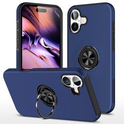 Flat Ring Dual Layer Armor Hybrid Stand Case with Metal Plate for iPhone 16 (Navy Blue) Flat Ring Dual Layer Armor Hybrid Stand Case with Metal Plate for iPhone 16 (Navy Blue)