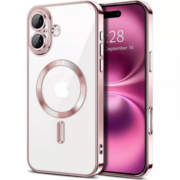 Wholesale Premium Chrome Design Transparent Magnetic Ring Case with Camera Protection for Apple iPhone 16 (Rose Gold)