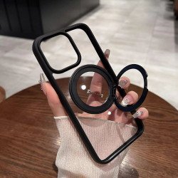 Clear Transparent Chrome Buttons MagSafe Compatible Phone Case with 360 Rotating Kickstand for Apple iPhone 16 Pro Max (Black)