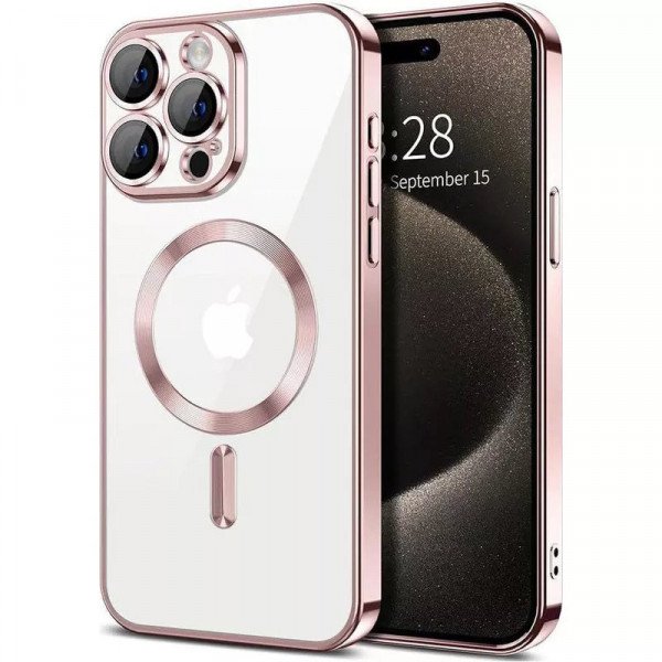 Wholesale Premium Chrome Design Transparent Magnetic Ring Case with Camera Protection for Apple iPhone 16 Pro Max (Rose Gold)