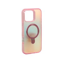 Color Gradient Design Style Magnetic Magsafe Phone Case with Glitter Kickstand Ring for Apple iPhone 16 Pro Max (Pink)