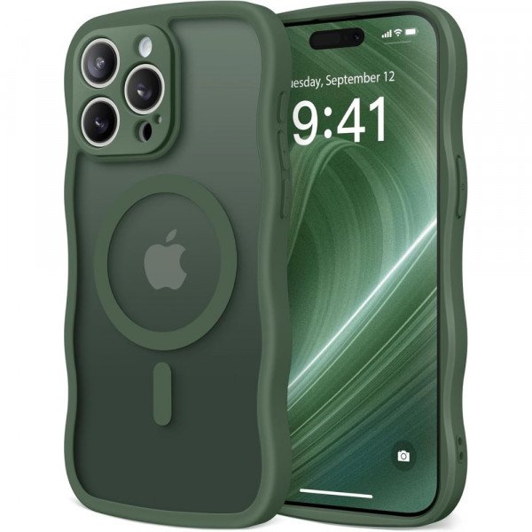 Wholesale Curly Wavy Design Grip Matte Translucent Phone Case with Magnetic Magsafe Ring and Camera Protection for Apple iPhone 16 Pro Max (Green)