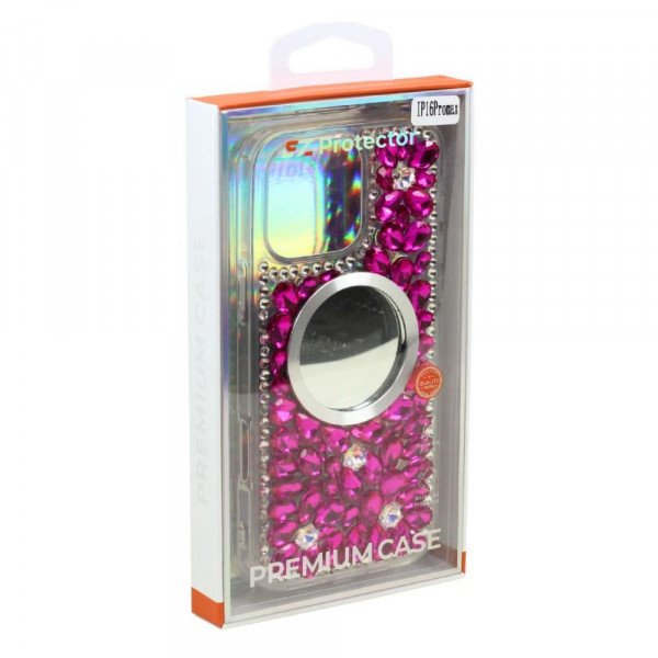 Wholesale Glitter Rhinestone Diamond Fashion Mirror Jewel Phone Case for Apple iPhone 16 Pro Max (Hot Pink)
