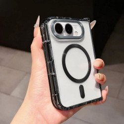 Transparent Chrome Button Magnetic Magsafe Foldable Phone Case for Apple iPhone Duo (Black)