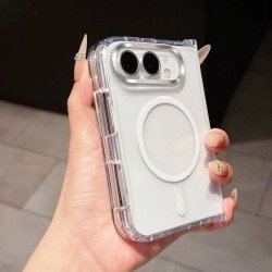Transparent Chrome Button Magnetic Magsafe Foldable Phone Case for Apple iPhone Duo (White)