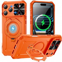 Super Armor Magnetic Magsafe Phone Case with Lens Protection and 360 Rotation Ring Kickstand for Apple iPhone 18 Pro Max / 17 Pro Max (Orange)