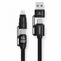 65W Bullet Train Style 4 in 1 Multiple Ports USB-A/C to Type-C/IP Lighting 6FT Nylon Braided Charging Cable (Black)