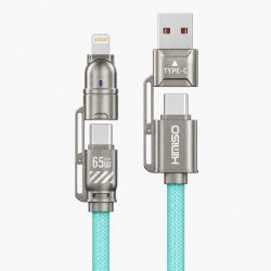 65W Bullet Train Style 4 in 1 Multiple Ports USB-A/C to Type-C/IP Lighting 6FT Nylon Braided Charging Cable (Blue)