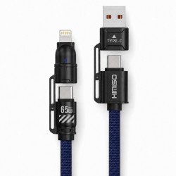 65W Bullet Train Style 4 in 1 Multiple Ports USB-A/C to Type-C/IP Lighting 6FT Nylon Braided Charging Cable (Blue)