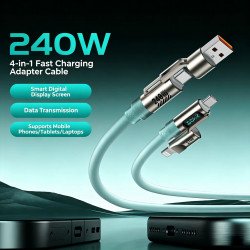 240W E-Marker Chip 4-in-1 Multi-Port USB-A/C to Type C/IP Lighting 6FT Charging Cable With Digital Speed Display (Blue)