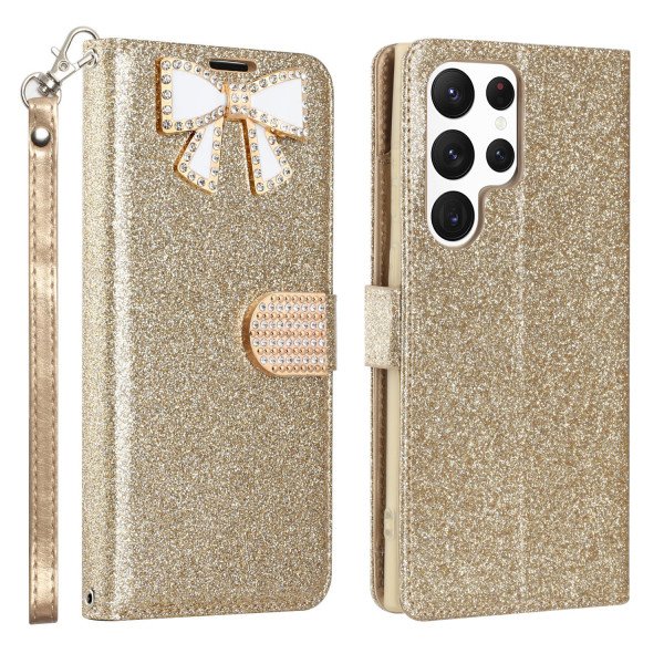 Wholesale Ribbon Bow Crystal Diamond Wallet Case for Samsung Galaxy S23 Ultra (Gold)