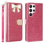 Wholesale Ribbon Bow Crystal Diamond Wallet Case for Samsung Galaxy S23 Ultra (Hot Pink)
