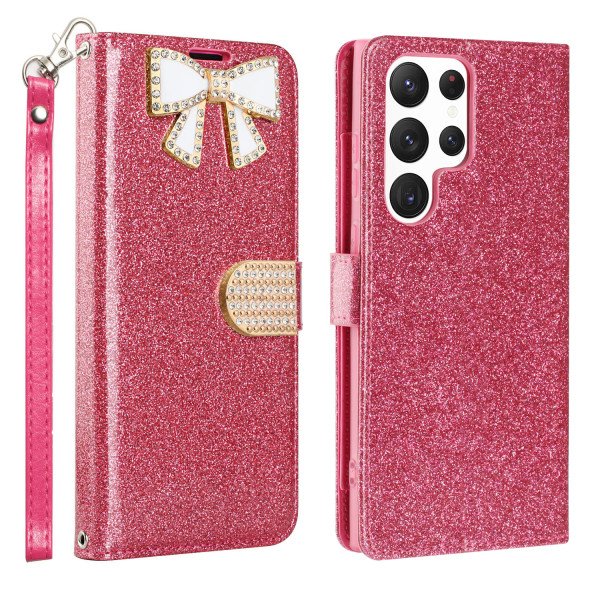 Wholesale Ribbon Bow Crystal Diamond Wallet Case for Samsung Galaxy S23 Ultra (Hot Pink)