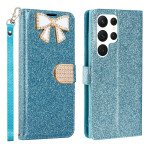 Wholesale Ribbon Bow Crystal Diamond Wallet Case for Samsung Galaxy S23 Ultra (Light Blue)