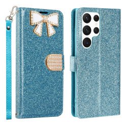 Ribbon Bow Crystal Diamond Wallet Case for Samsung Galaxy S23 Ultra (Light Blue) Ribbon Bow Crystal Diamond Wallet Case for Samsung Galaxy S23 Ultra (Light Blue)