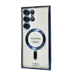 Transparent Electroplated Chrome Magnetic Magsafe Circle TPU Cover Case With Camera Lens Protection for Samsung Galaxy S24 Ultra (Navy Blue)