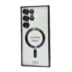 Transparent Electroplated Chrome Magnetic Magsafe Circle TPU Cover Case With Camera Lens Protection for Samsung Galaxy S24 Ultra (Purple)