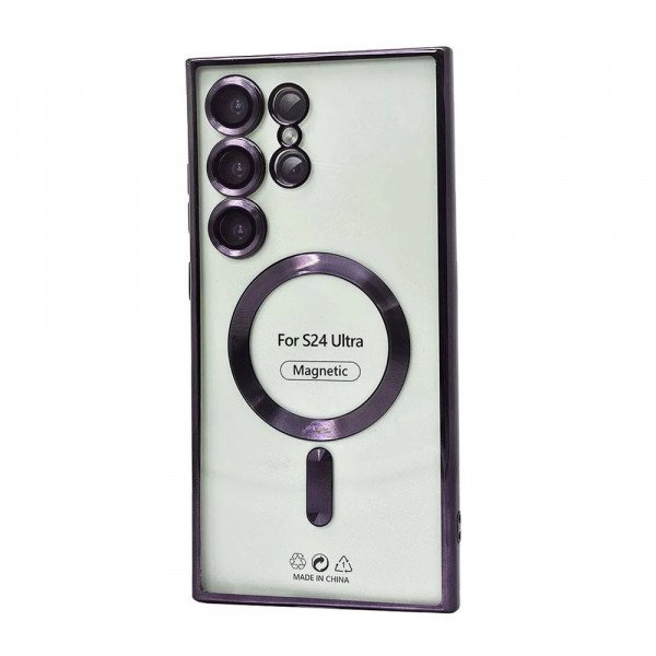 Wholesale Transparent Electroplated Chrome Magnetic Magsafe Circle TPU Cover Case With Camera Lens Protection for Samsung Galaxy S24 Ultra (Black)