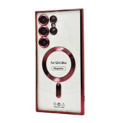 Transparent Electroplated Chrome Magnetic Magsafe Circle TPU Cover Case With Camera Lens Protection for Samsung Galaxy S24 Ultra (Red)