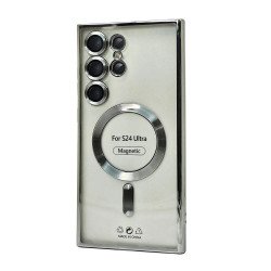 Transparent Electroplated Chrome Magnetic Magsafe Circle TPU Cover Case With Camera Lens Protection for Samsung Galaxy S24 Ultra (Silver)