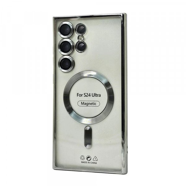 Wholesale Transparent Electroplated Chrome Magnetic Magsafe Circle TPU Cover Case With Camera Lens Protection for Samsung Galaxy S24 Ultra (Black)