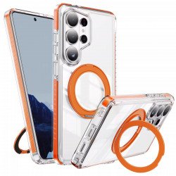 Premium Clear Magnetic MagSafe Phone Case with 360° Rotating Kickstand Ring for Samsung Galaxy S26 Ultra (Orange)