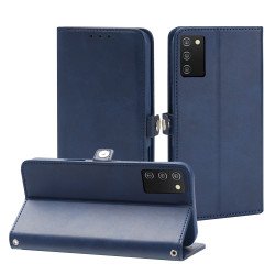 Premium PU Leather Folio Wallet Front Cover Case with Card Holder Slots and Wrist Strap for Samsung Galaxy A03s (USA) (Navy Blue)