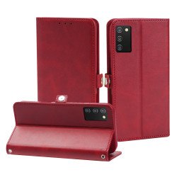 Premium PU Leather Folio Wallet Front Cover Case with Card Holder Slots and Wrist Strap for Samsung Galaxy A03s (USA) (Red)