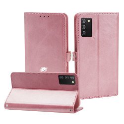 Premium PU Leather Folio Wallet Front Cover Case with Card Holder Slots and Wrist Strap for Samsung Galaxy A03s (USA) (Rose Gold)