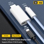 Wholesale 2-in-1 USB C to HDMI Nylon Braided Cable 6.5FT with 60W PD Charging Port - 4K Video Adapter Cord for Universal Cell Phone And Bluetooth Device (White)