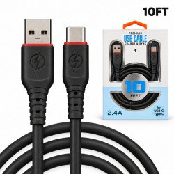 Type C / USB-C 2.4A Heavy Duty Strong Soft Flexible Silicone OD 5.0mm Charge and Sync USB Cable 10FT for Universal Cell Phone, Device and More (Black)