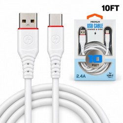 Type C / USB-C 2.4A Heavy Duty Strong Soft Flexible Silicone OD 5.0mm Charge and Sync USB Cable 10FT for Universal Cell Phone, Device and More (White)