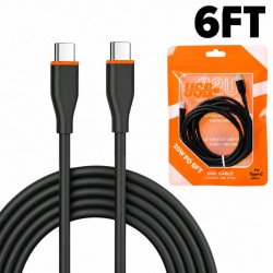 20W PD Fast Charge 6FT Type-C to Type-C Durable Tangle-Free Heavy-Duty Flexible USB Type-C to Type-C Cord in Resealable Bag for Universal Cell Phone, Device and More (Black)