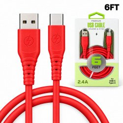 Type C / USB-C 2.4A Heavy Duty Strong Soft Flexible Tangled Free Silicone OD 5.0mm Charge and Sync USB Cable 6FT for Universal Cell Phone, Device and More (Red)