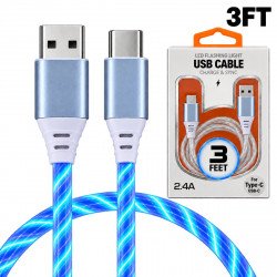 2.4A RGB LED Light Durable USB Cable for Type-C / USB-C 3FT (Blue)