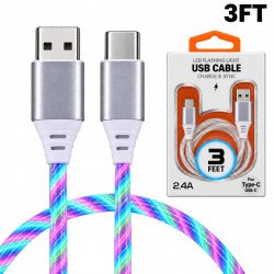 2.4A RGB LED Light Durable USB Cable for Type-C / USB-C 3FT (Silver)