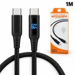 60W PD Display Fast Charging USB-C to USB-C 3FT Durable Braided Woven Nylon Cable with LED Charging Display for Universal Cell Phone, Device and More (Black)