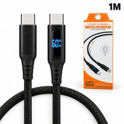 60W PD Display Fast Charging USB-C to USB-C 3FT Durable Braided Woven Nylon Cable with LED Charging Display for Universal Cell Phone, Device and More (Black)