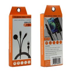 2 in 3 Universal Charger Cable with USB-A/C to Apple Watch/Type C/IP Lighting Connectors 27W PD 3FT Cable for Apple Watch, iPhone, iDevice (Black)