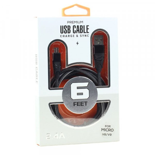 Wholesale Micro V8V9 2.4A Braided Cloth Strong Durable Charge and Sync USB Cable 6FT (Black)