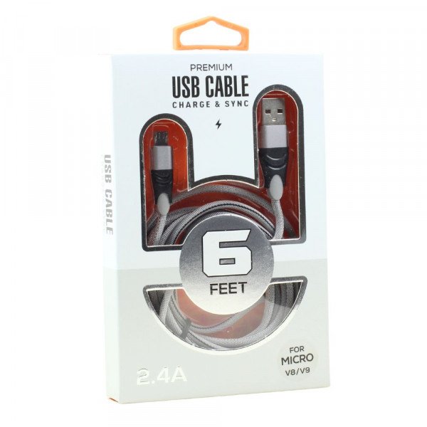 Wholesale Micro V8V9 2.4A Braided Cloth Strong Durable Charge and Sync USB Cable 6FT (Silver)