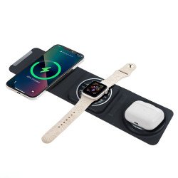 3-in-1 MagSafe Compatible Charging Station: Qi2 Certified 15W Wireless Charger Stand, Foldable & Portable for Travel for Universal Cell Phones and Qi Compatible Device (Black)