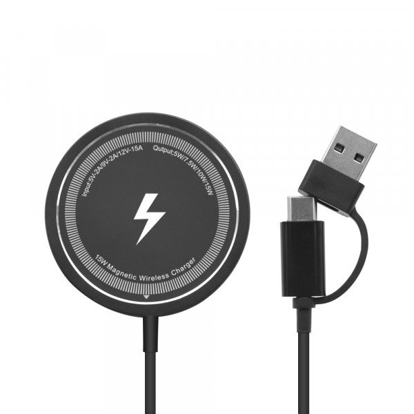 Wholesale 15W Magnetic Wireless Charger with Customizable USB-A and Type-C Dual Ports Converter for Universal Cell Phones and Qi Compatible Device (Black)